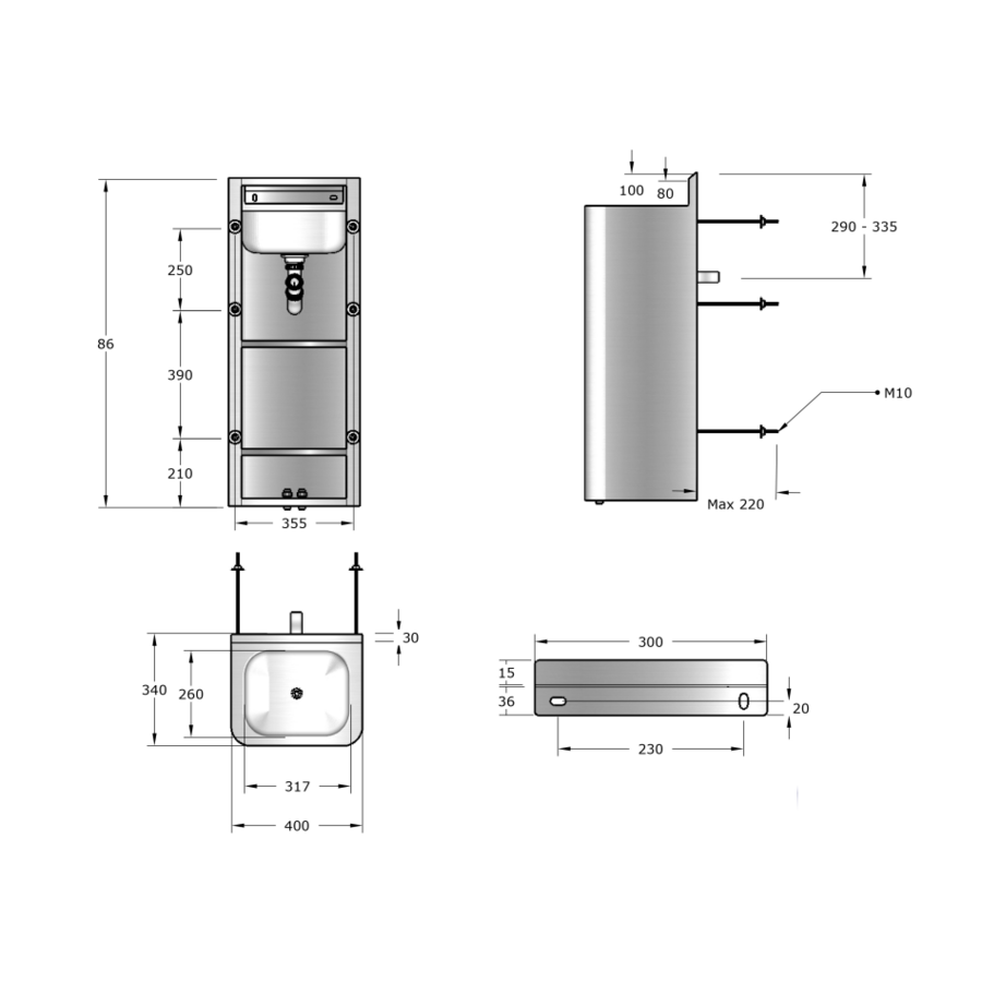 staande wastafel van RVS | B 400 x D 350 x H 1000 mm