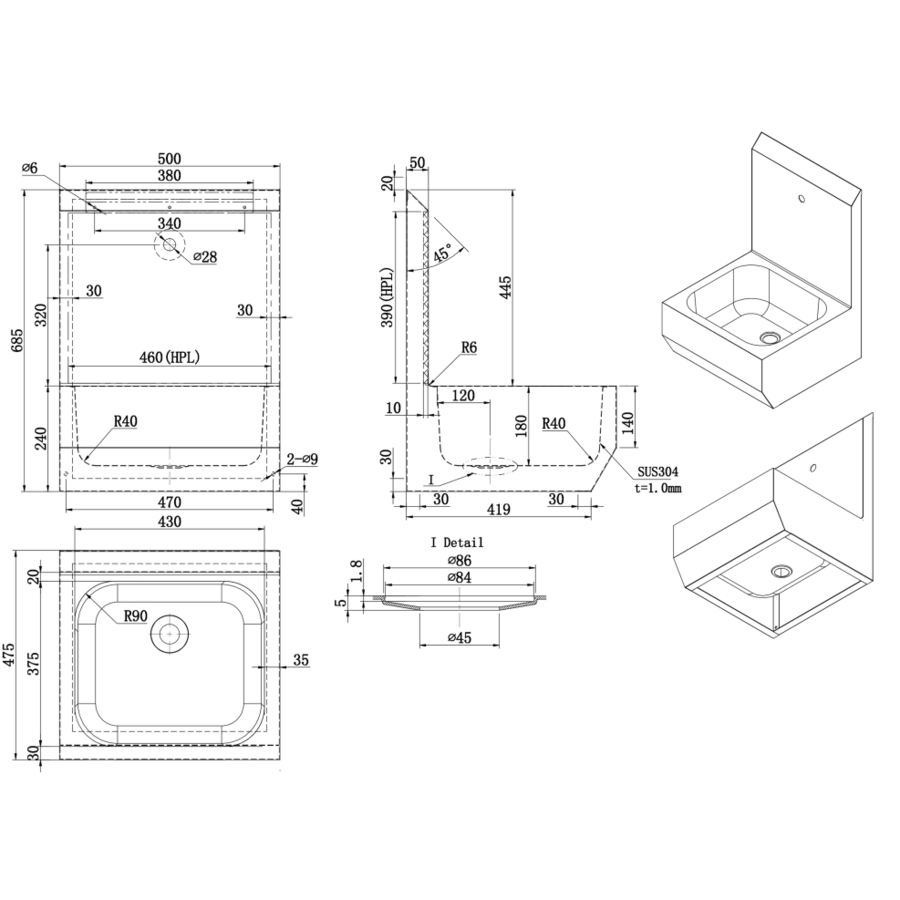 hygiëne wastafel van RVS | B 500 x D 475 x H 685 mm