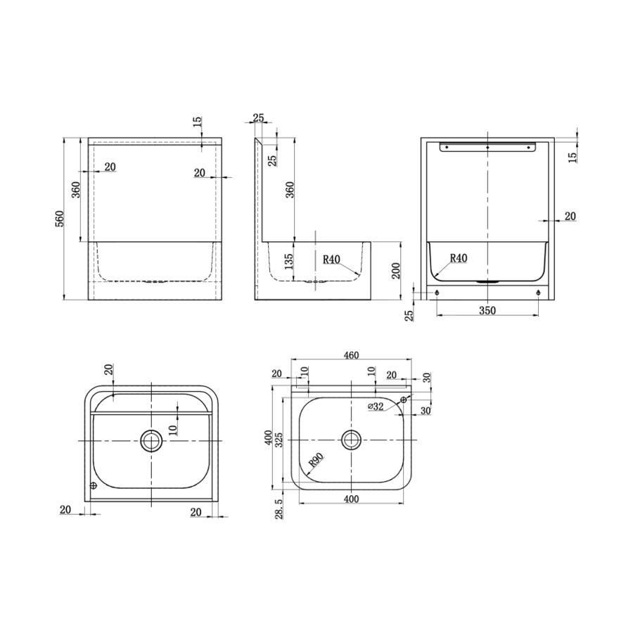 hygiëne wastafel van RVS | B 460 x D 400 x H 560 mm