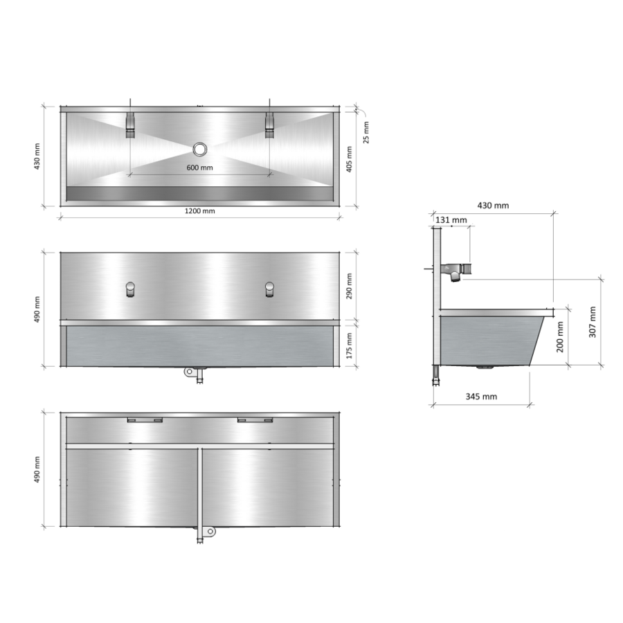 Washing trough | Stainless steel | Including taps | 4 sizes