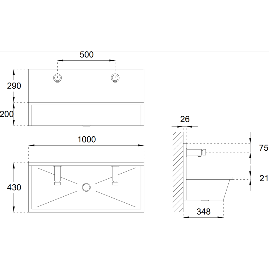 Washing trough | Stainless steel | Including taps | 4 sizes