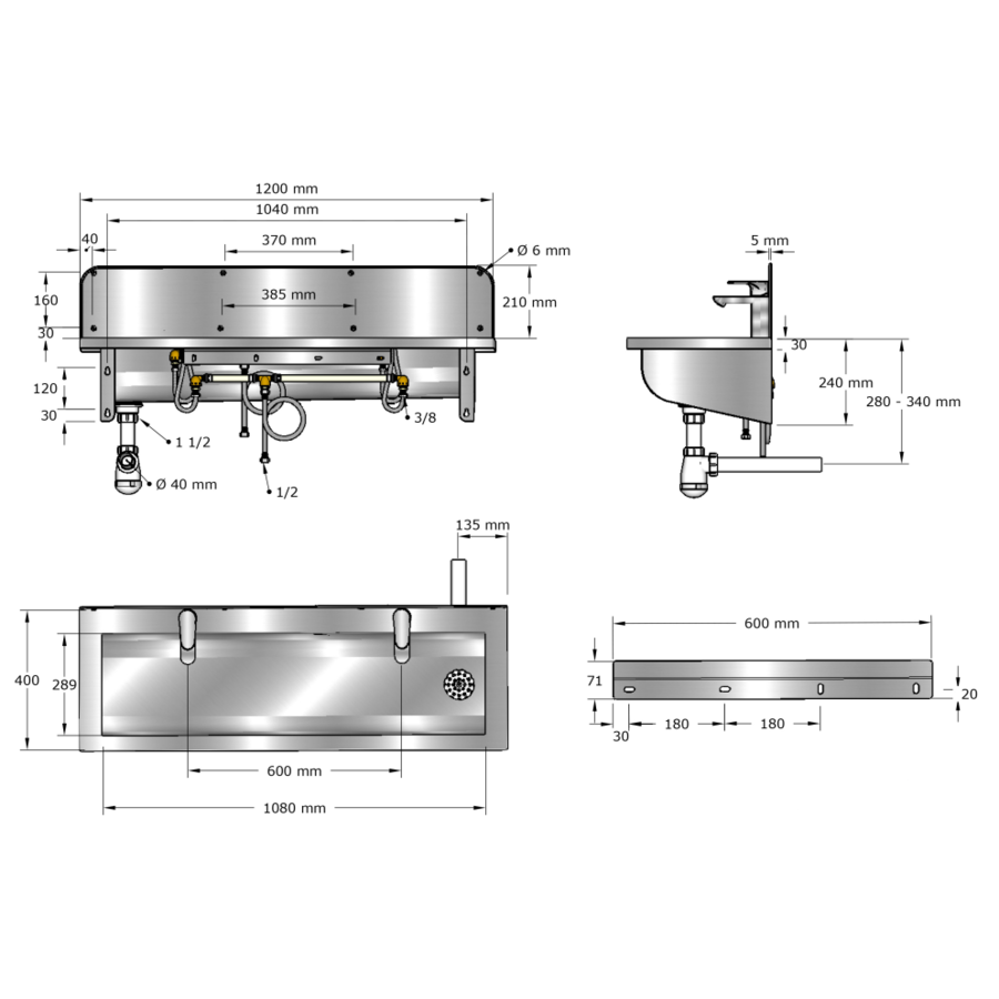 Washing trough | Stainless steel | Incl. taps | 6 formats