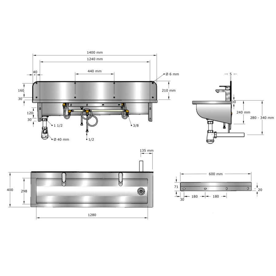 Washing trough | Stainless steel | Incl. taps | 6 formats