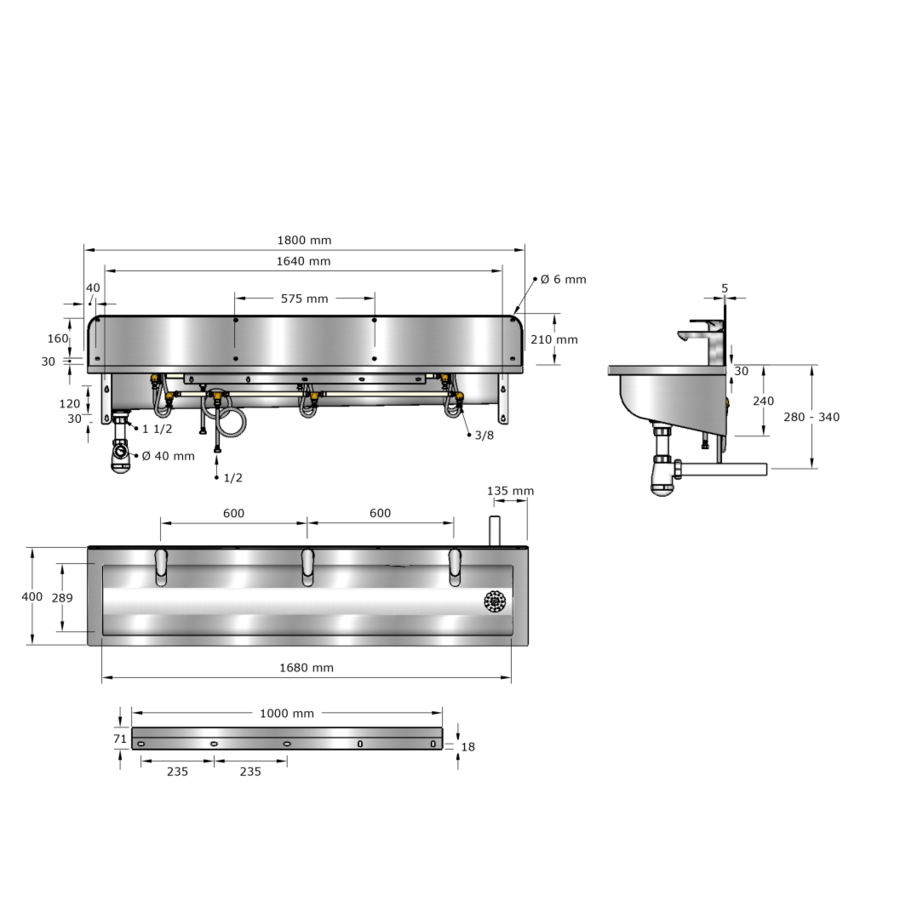 Washing trough | Stainless steel | Incl. taps | 6 formats