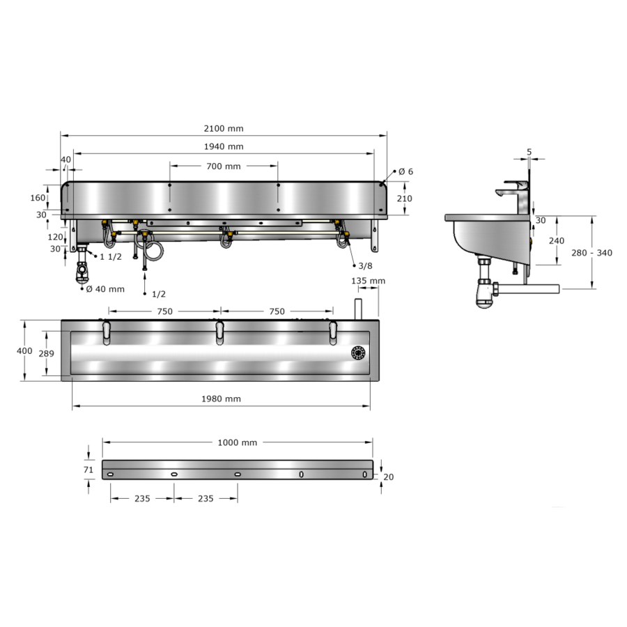 Wastrog | RVS | Incl. kranen  | 6 formaten