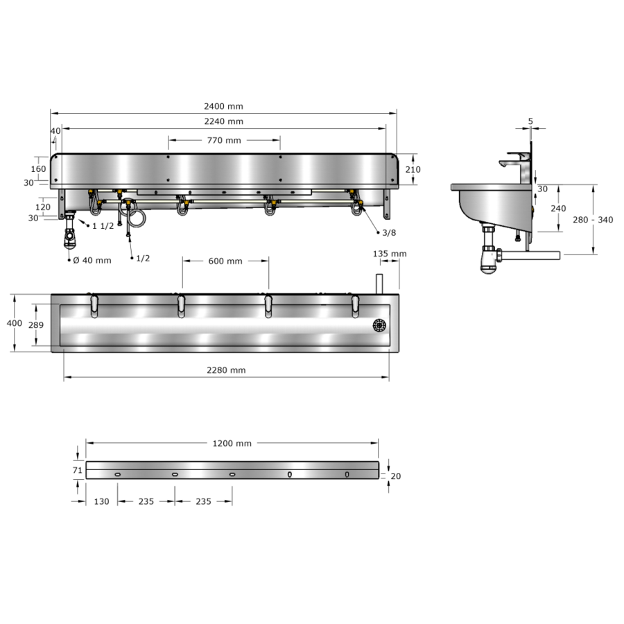 Washing trough | Stainless steel | Incl. taps | 6 formats