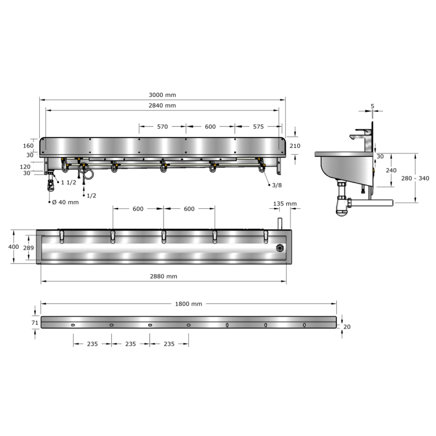 Washing trough | Stainless steel | Incl. taps | 6 formats