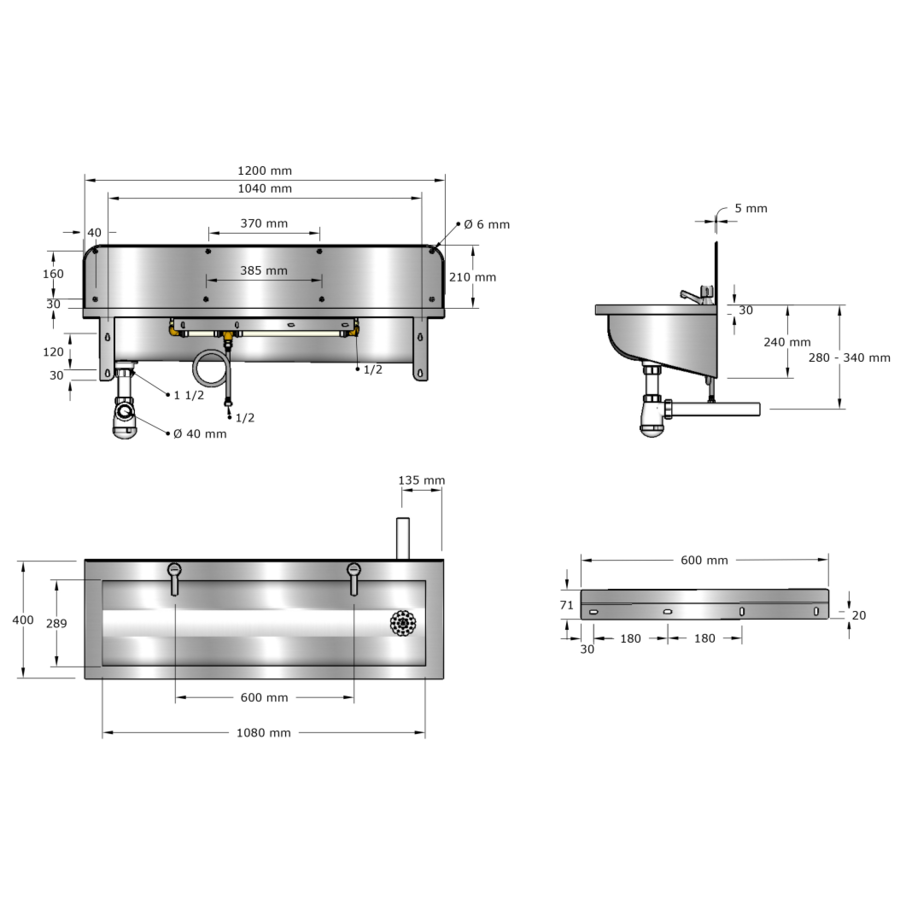 Extra brede wasbak | Incl. kranen | RVS | 6 formaten