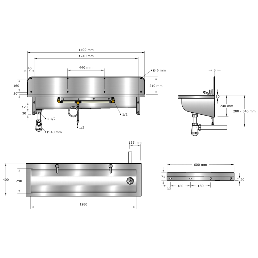 Extra brede wasbak | Incl. kranen | RVS | 6 formaten