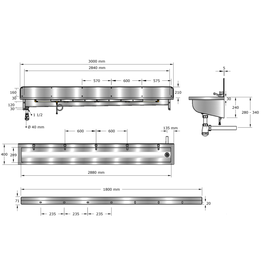 Extra brede wasbak | Incl. kranen | RVS | 6 formaten