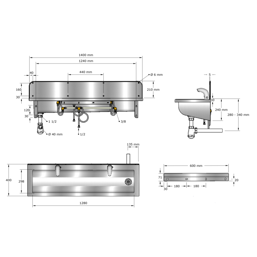 Washing trough | Stainless steel | Incl. taps | 6 formats