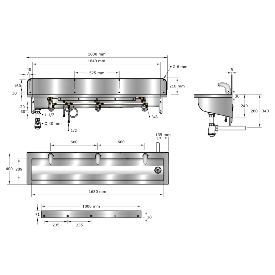 Washing trough | Stainless steel | Incl. taps | 6 formats