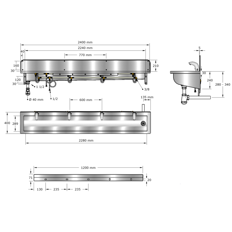 Washing trough | Stainless steel | Incl. taps | 6 formats