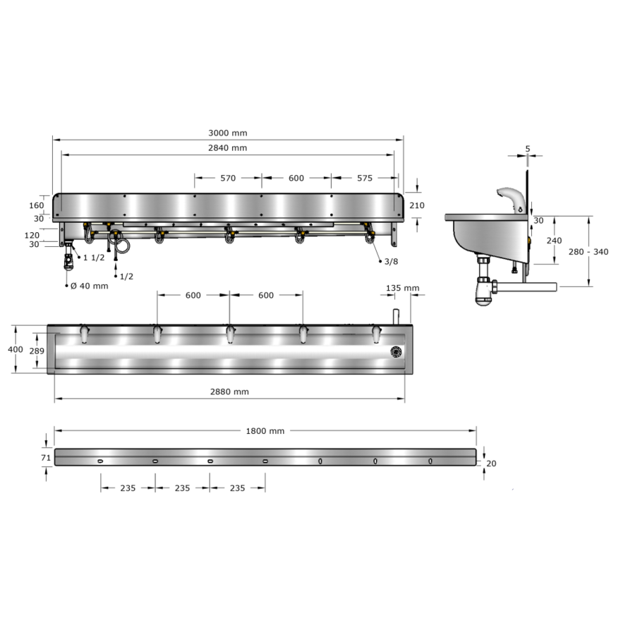 Washing trough | Stainless steel | Incl. taps | 6 formats