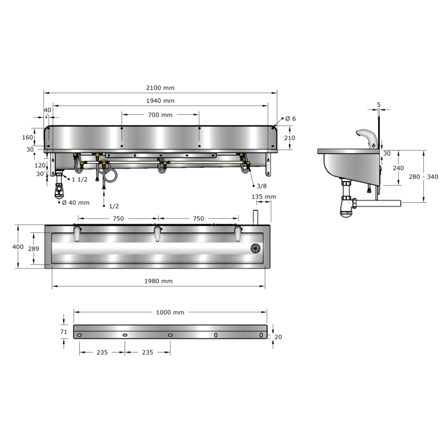 Washing trough | Stainless steel | Incl. taps | 6 formats