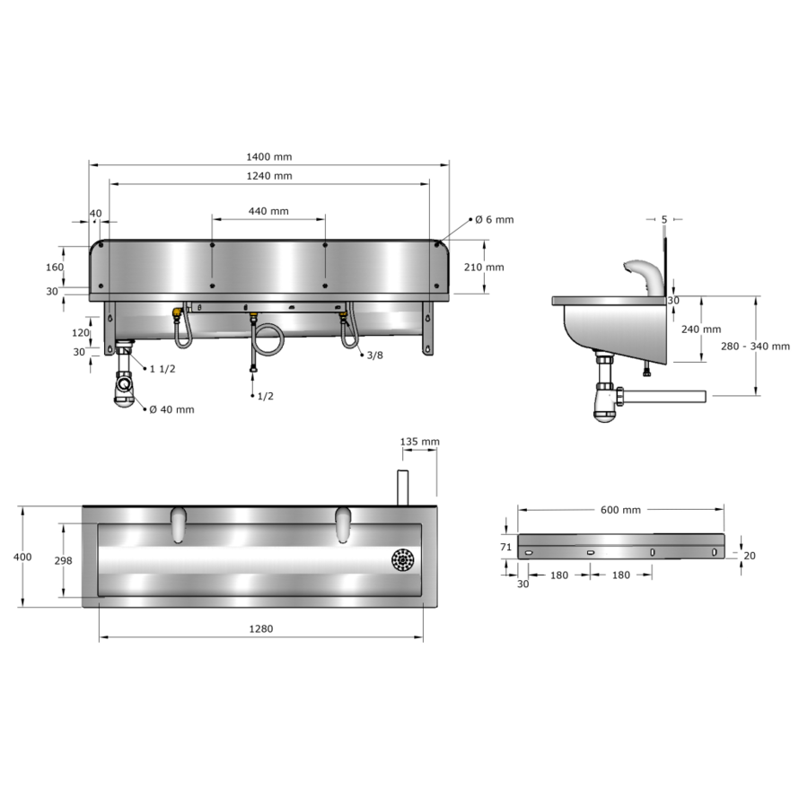 Washing trough | Stainless steel | Incl. taps | 6 formats