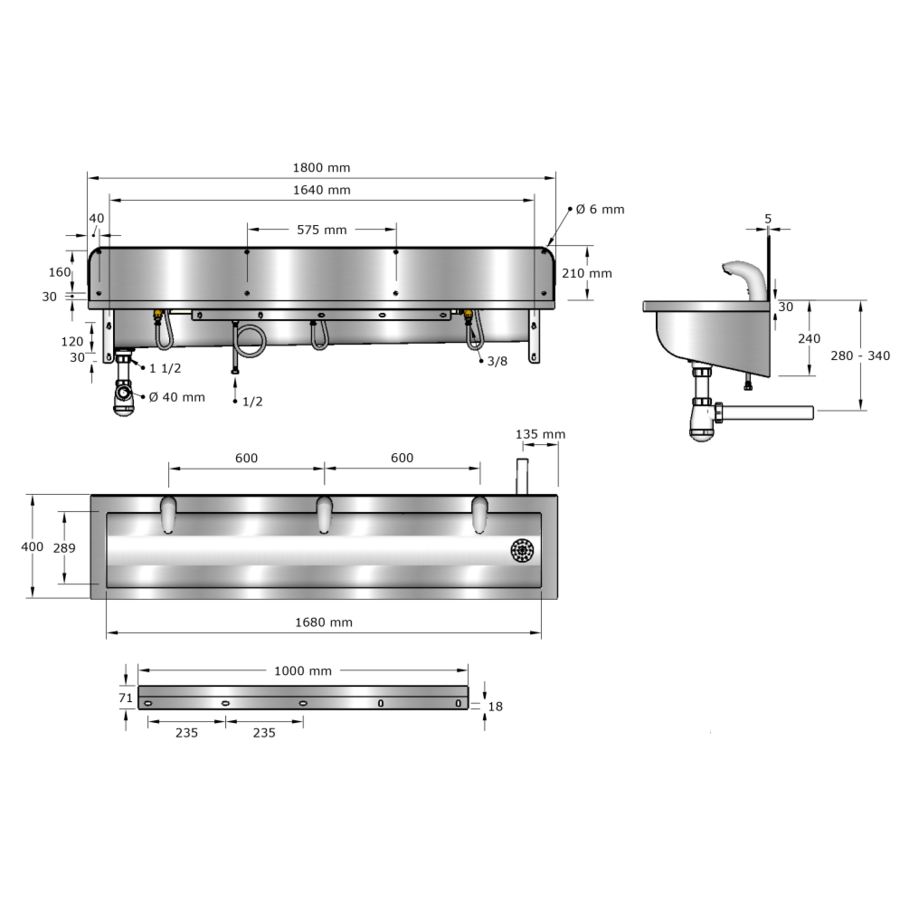 Washing trough | Stainless steel | Incl. taps | 6 formats