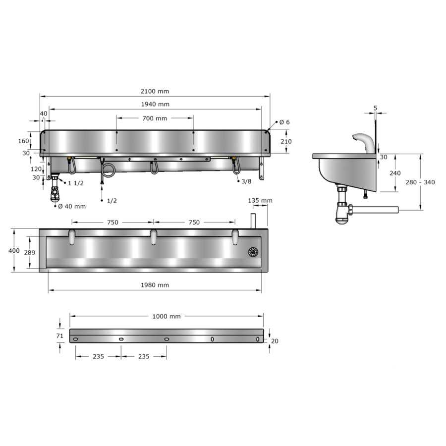 Washing trough | Stainless steel | Incl. taps | 6 formats