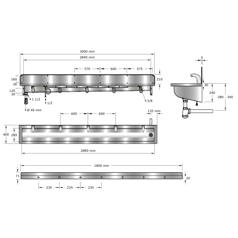 Washing trough | Stainless steel | Incl. taps | 6 formats