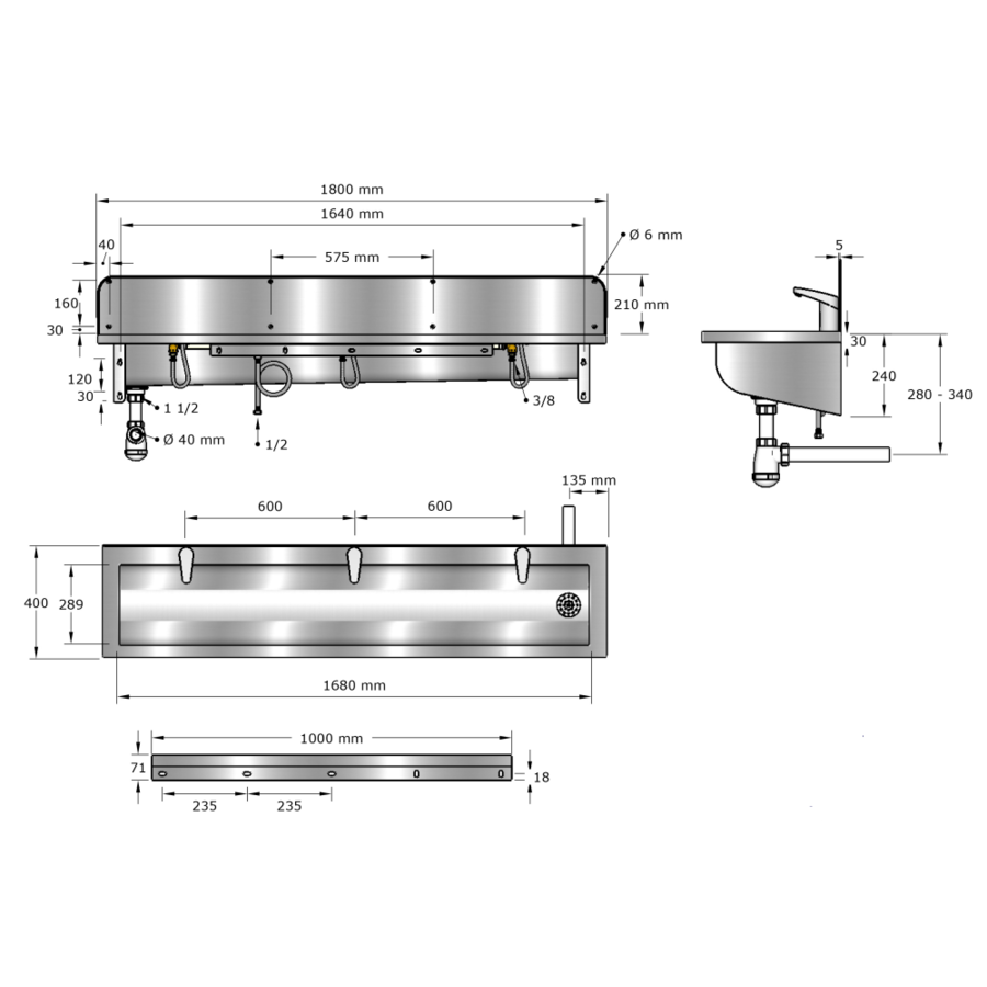 Washing trough | Stainless steel | Incl. taps | 6 formats