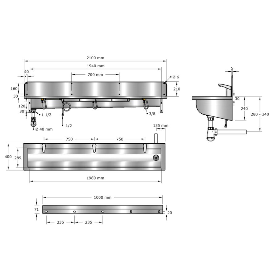 Washing trough | Stainless steel | Incl. taps | 6 formats