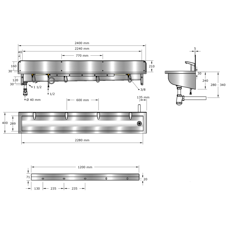 Washing trough | Stainless steel | Incl. taps | 6 formats