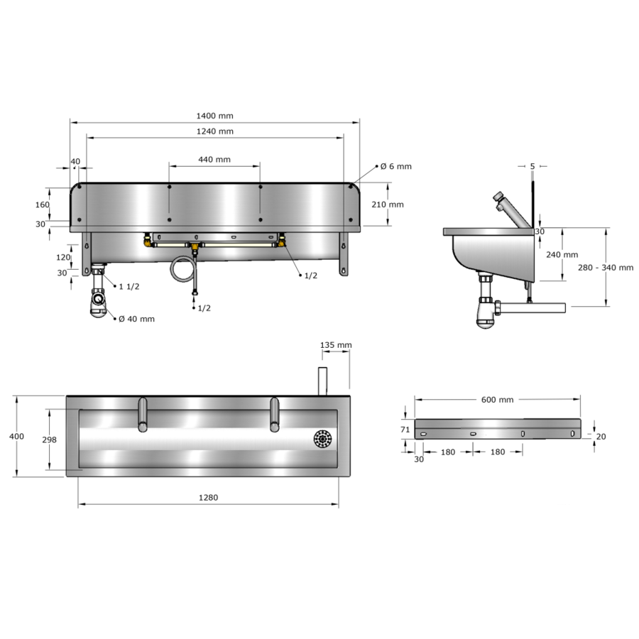wash trough | stainless steel | Incl. taps | 6 sizes