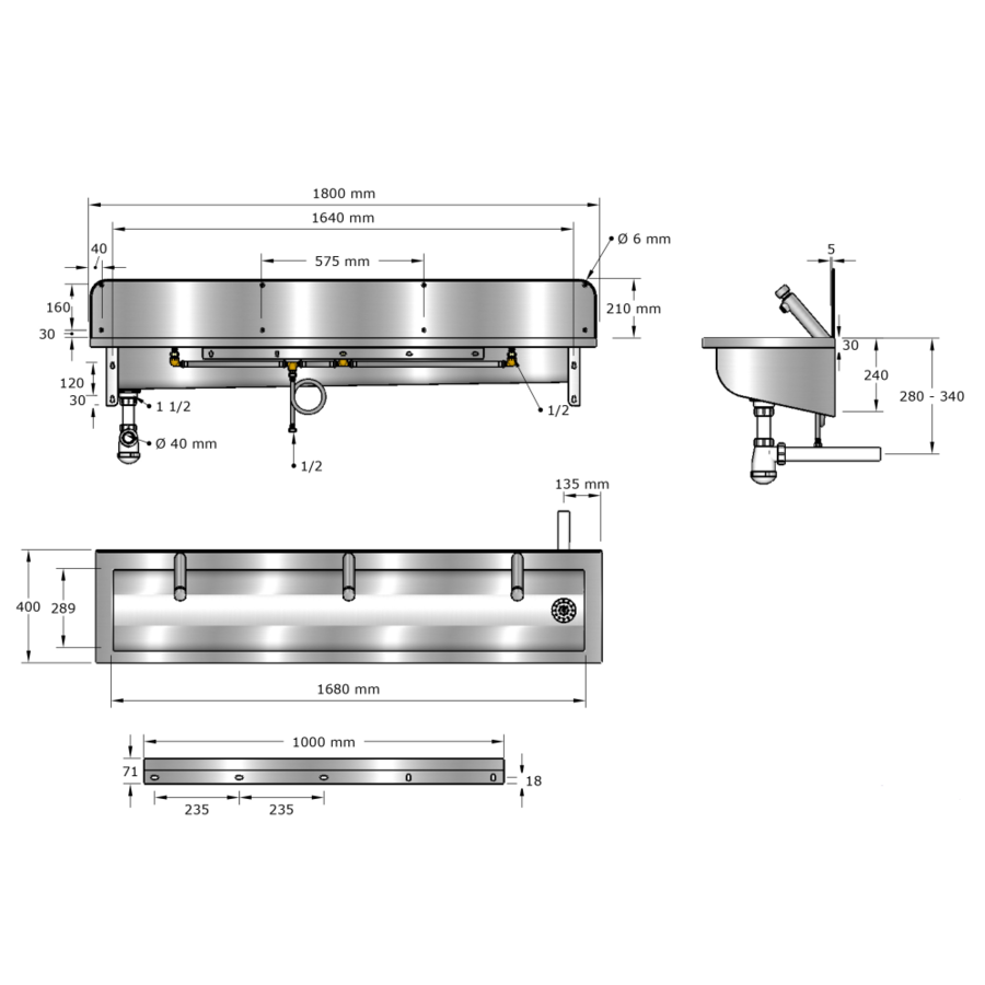 wash trough | stainless steel | Incl. taps | 6 sizes