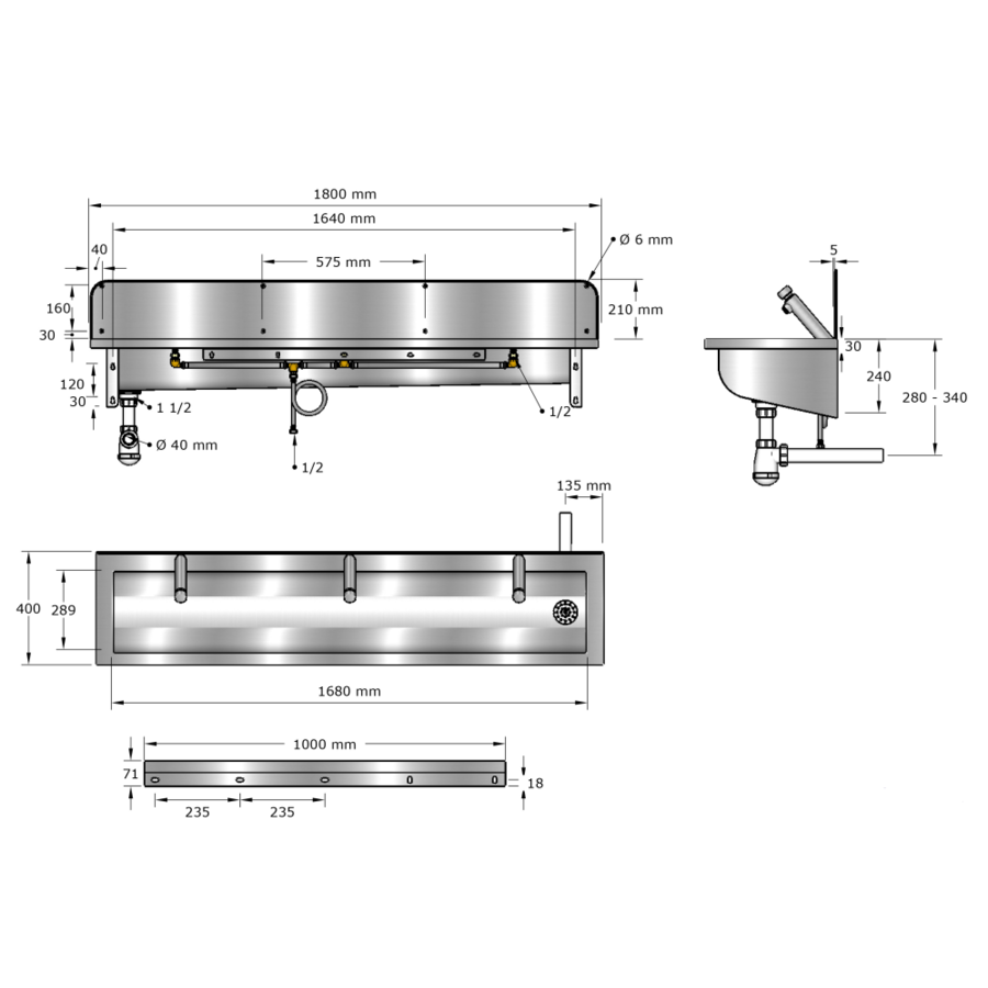 washing trough | Stainless steel | Incl. taps | 6 formats
