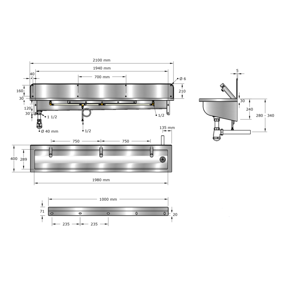 washing trough | Stainless steel | Incl. taps | 6 formats