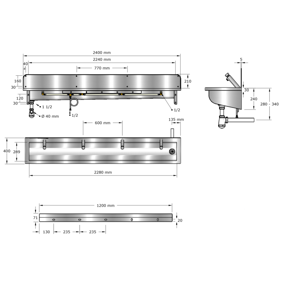 wash trough | stainless steel | Incl. taps | 6 sizes