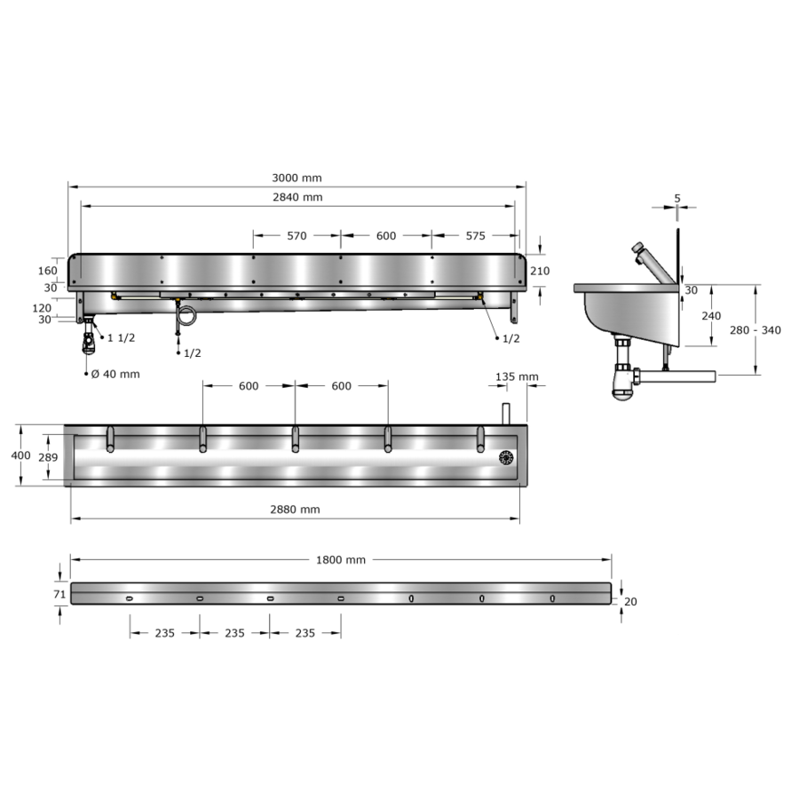 washing trough | Stainless steel | Incl. taps | 6 formats