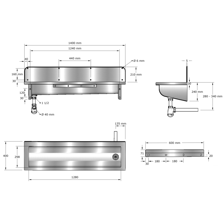 Stainless steel wash trough with splashback | 6 sizes