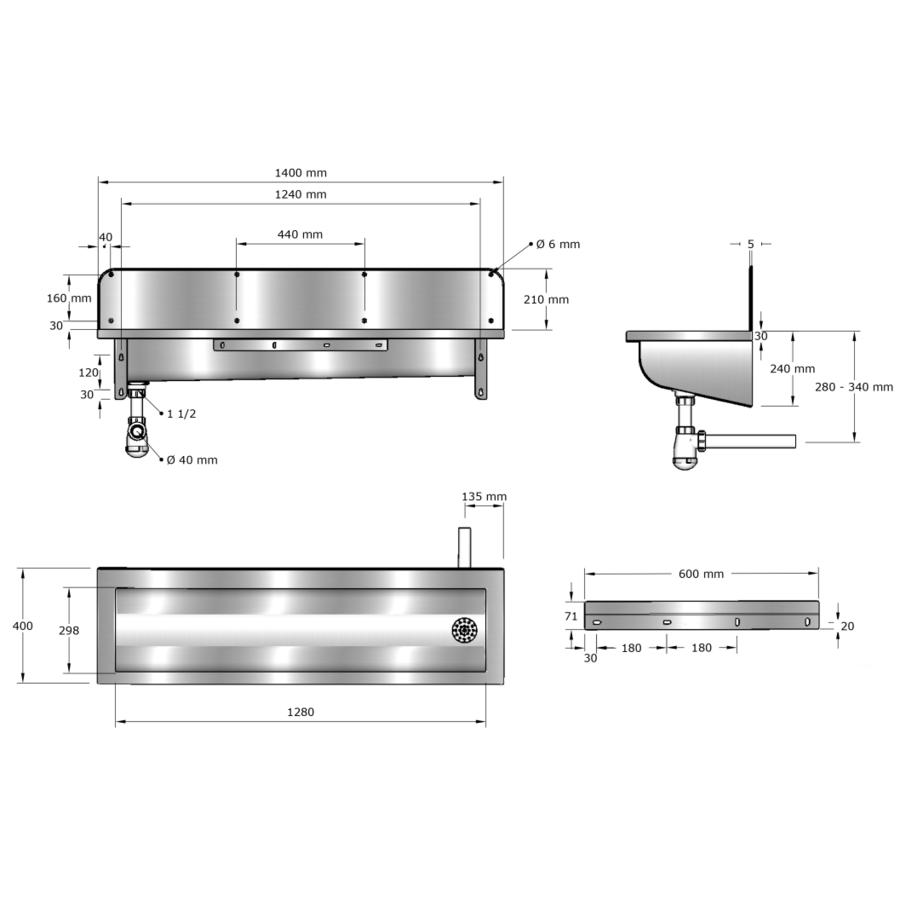 washing trough| Stainless steel | 1200 x 400 x 240 mm | 6 formats