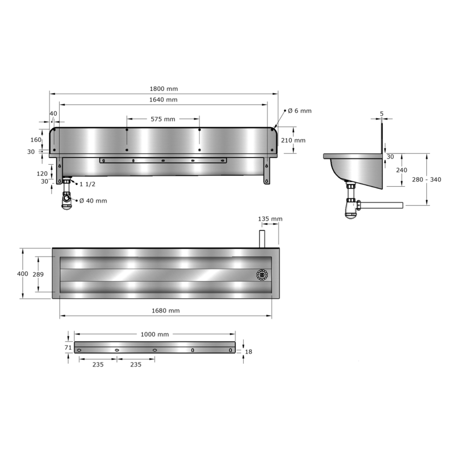 washing trough| Stainless steel | 1200 x 400 x 240 mm | 6 formats