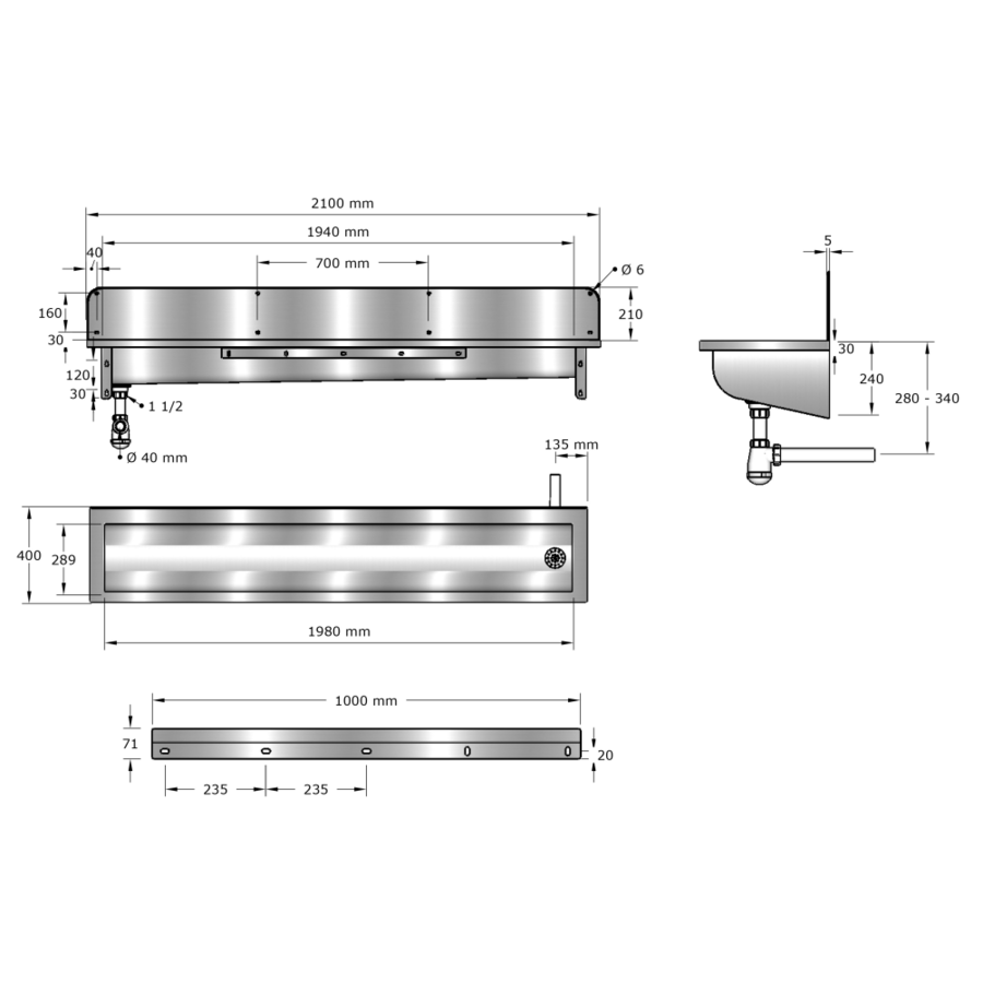 Stainless steel wash trough with splashback | 6 sizes
