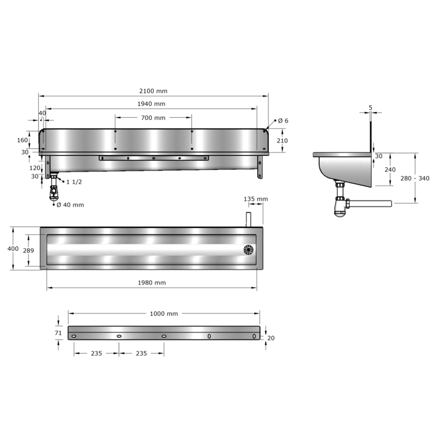 washing trough| Stainless steel | 1200 x 400 x 240 mm | 6 formats