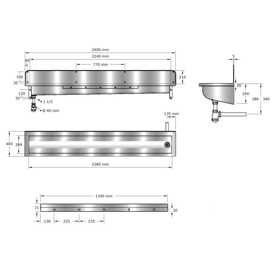 Stainless steel wash trough with splashback | 6 sizes