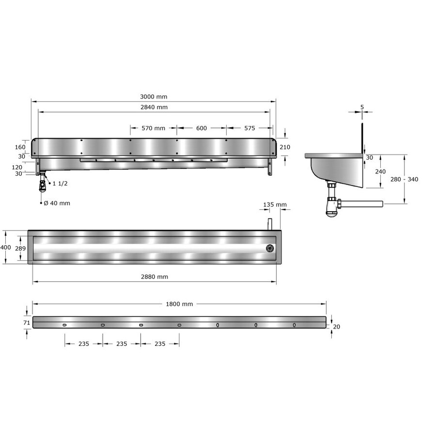 Stainless steel wash trough with splashback | 6 sizes