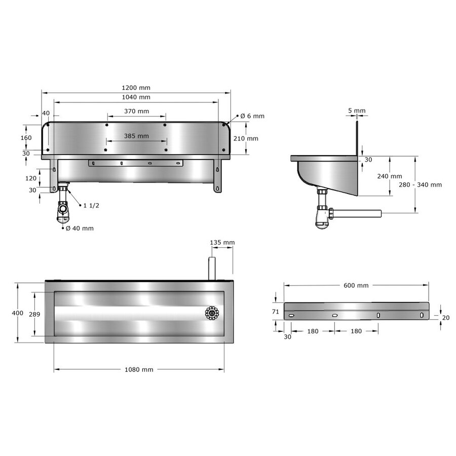 Stainless steel wash trough with splashback | 6 sizes