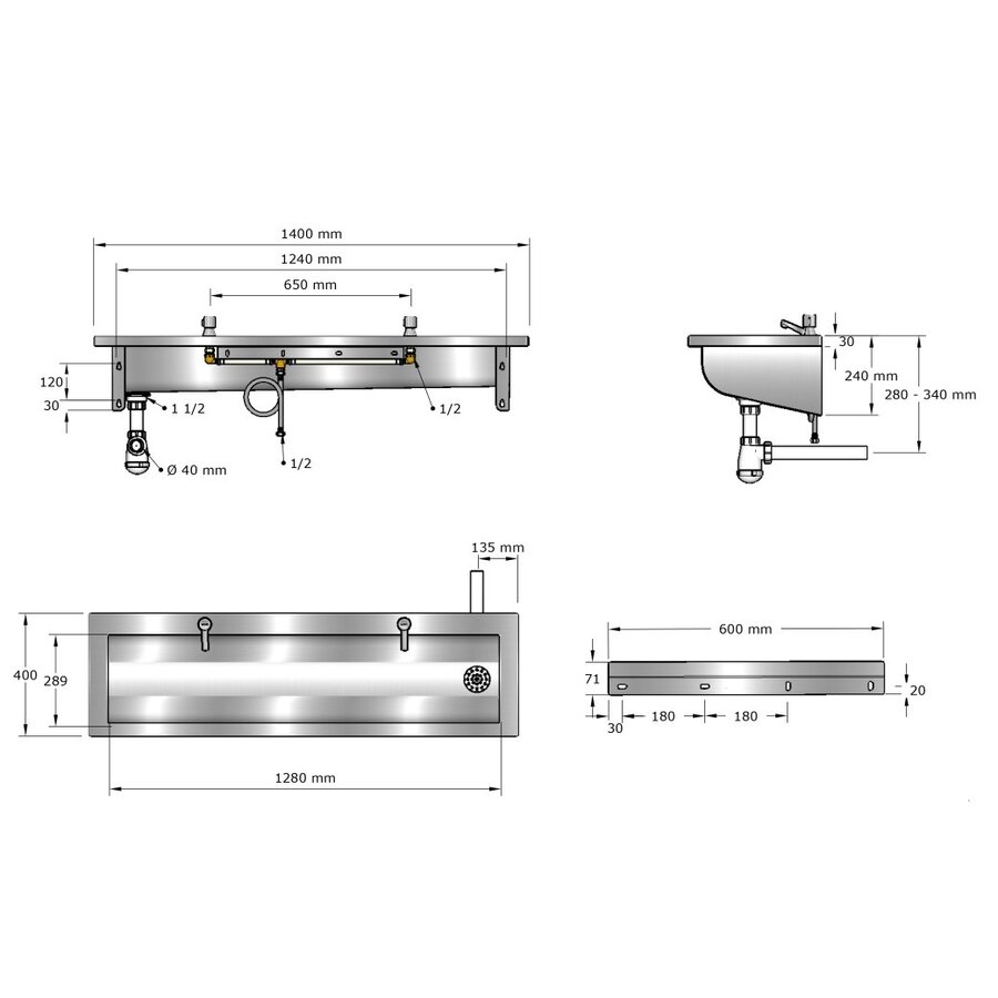 washbasin | stainless steel | Incl. taps | 6 sizes