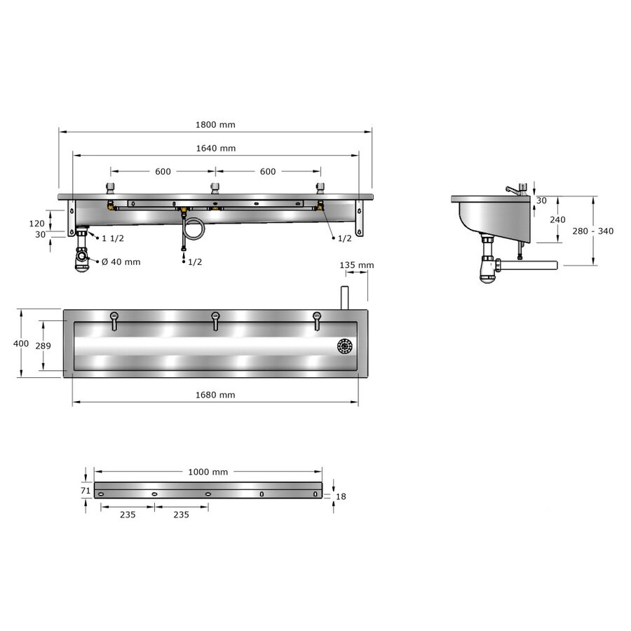 washbasin | stainless steel | Incl. taps | 6 sizes