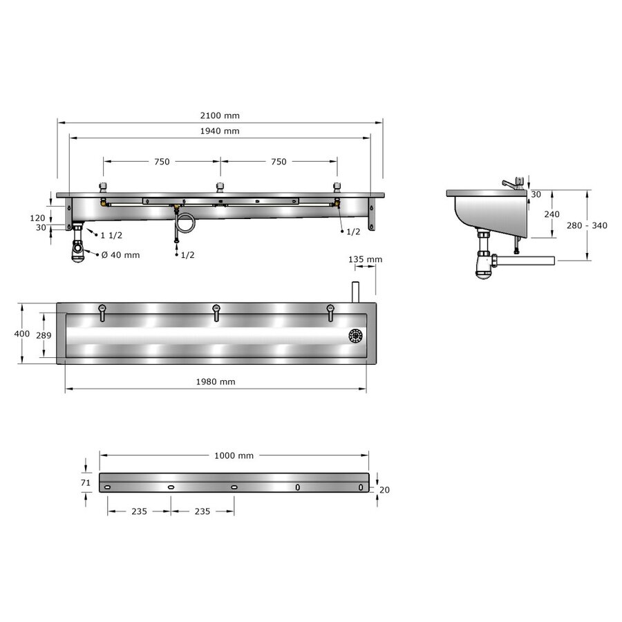 washbasin | stainless steel | Incl. taps | 6 sizes