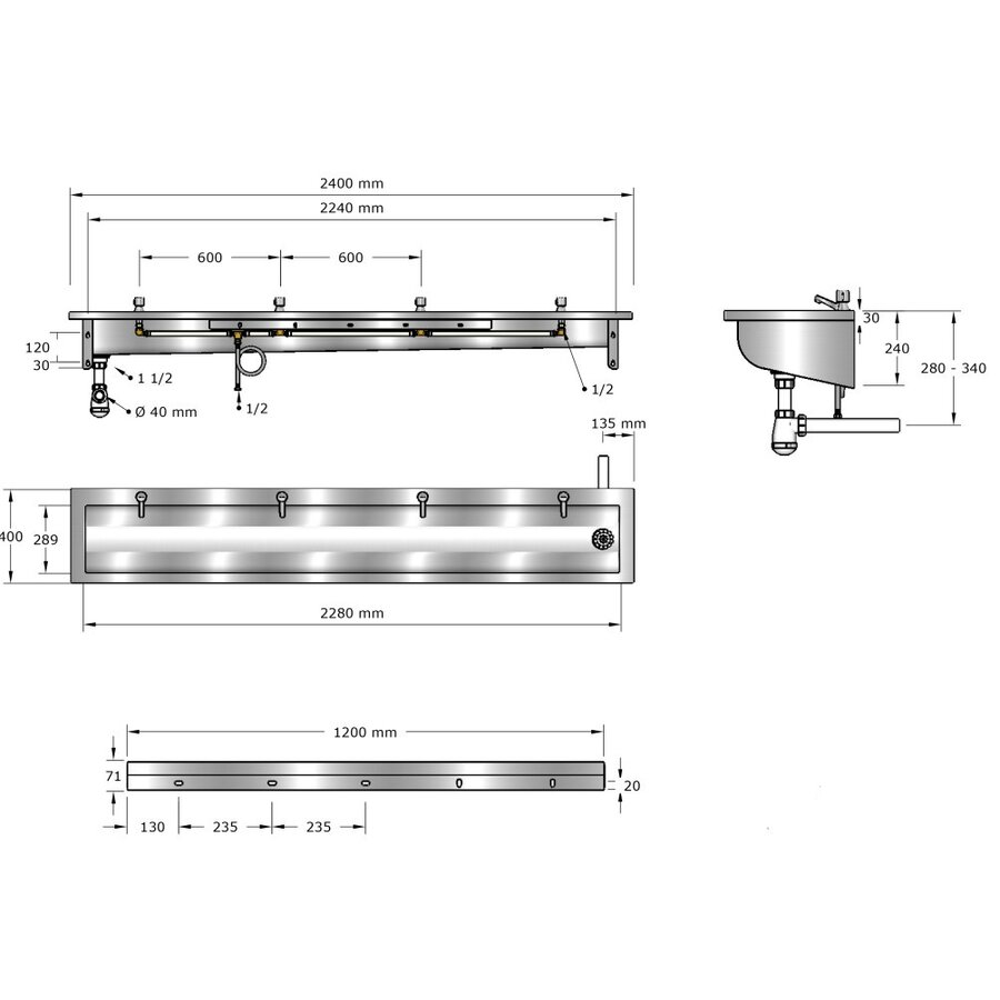 washbasin | stainless steel | Incl. taps | 6 sizes