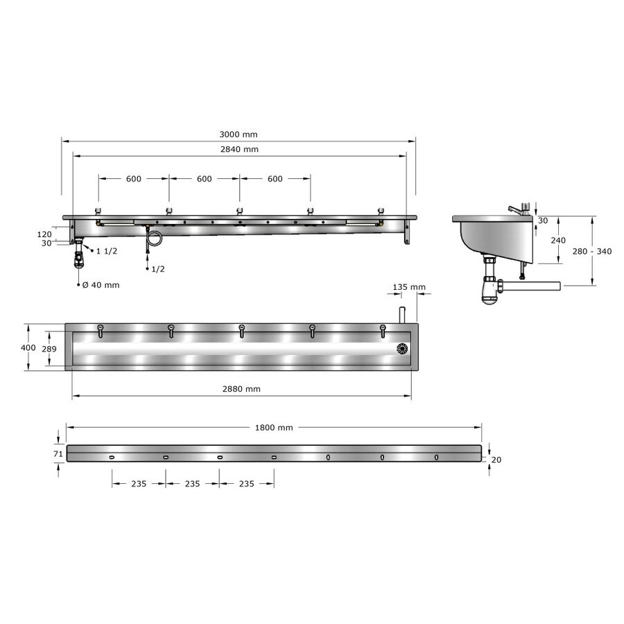 laundry chute | Stainless steel | Incl. taps | 6 formats