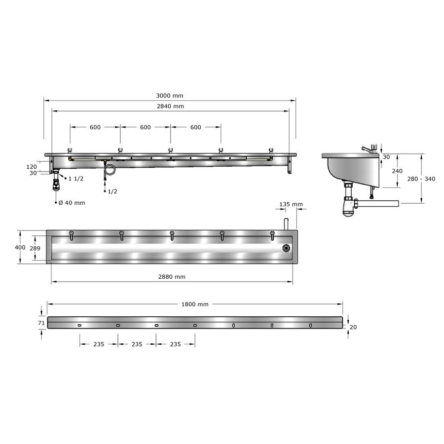 washbasin | stainless steel | Incl. taps | 6 sizes