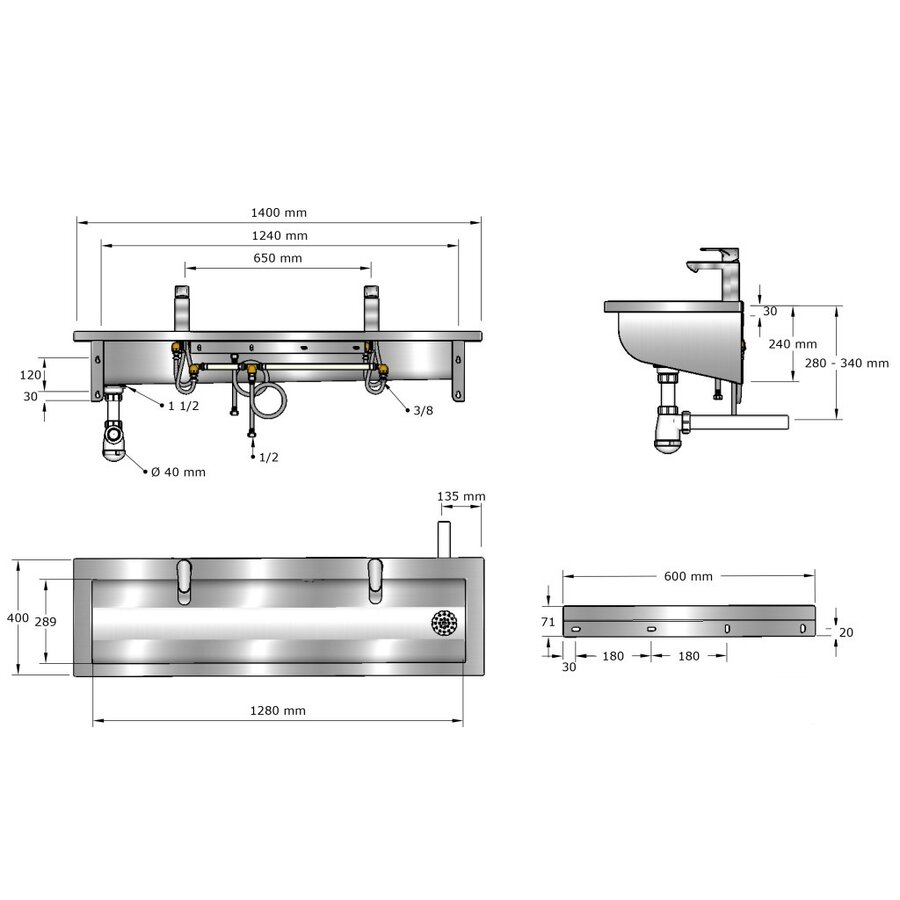 washbasin | stainless steel | Incl. taps | 6 sizes