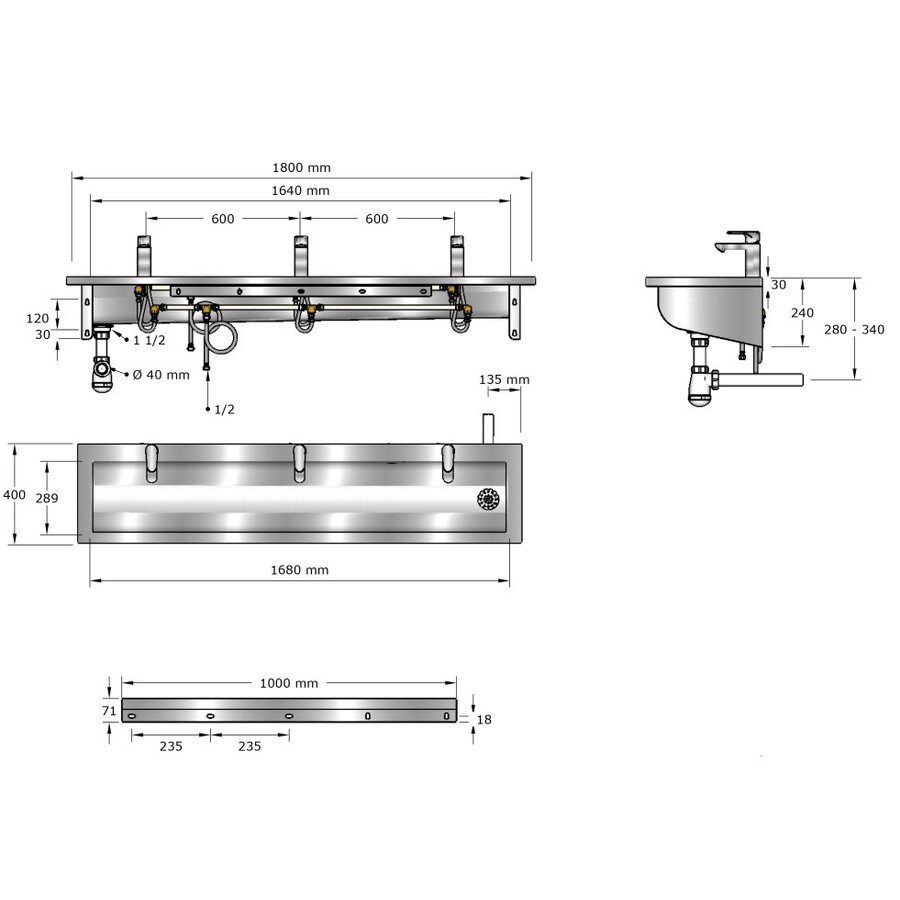 washbasin | stainless steel | Incl. taps | 6 sizes