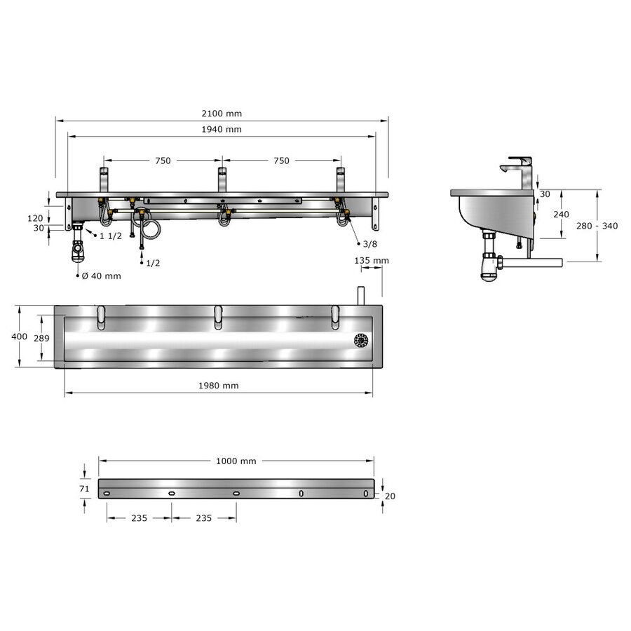 washbasin | stainless steel | Incl. taps | 6 sizes