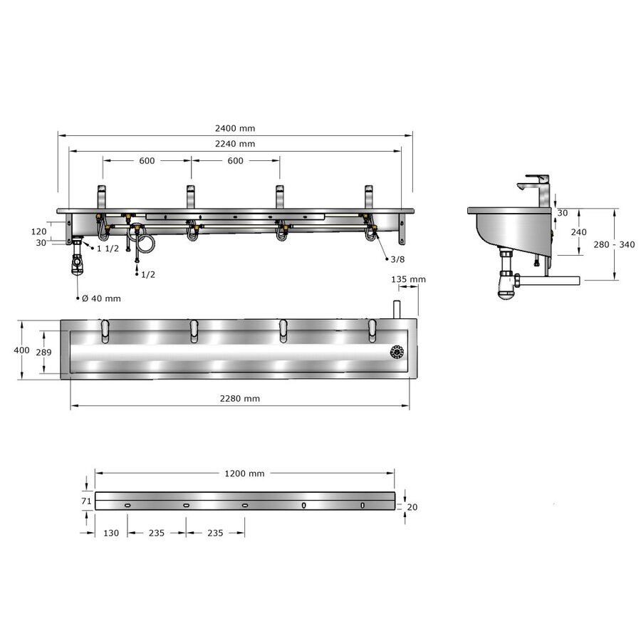 washbasin | stainless steel | Incl. taps | 6 sizes